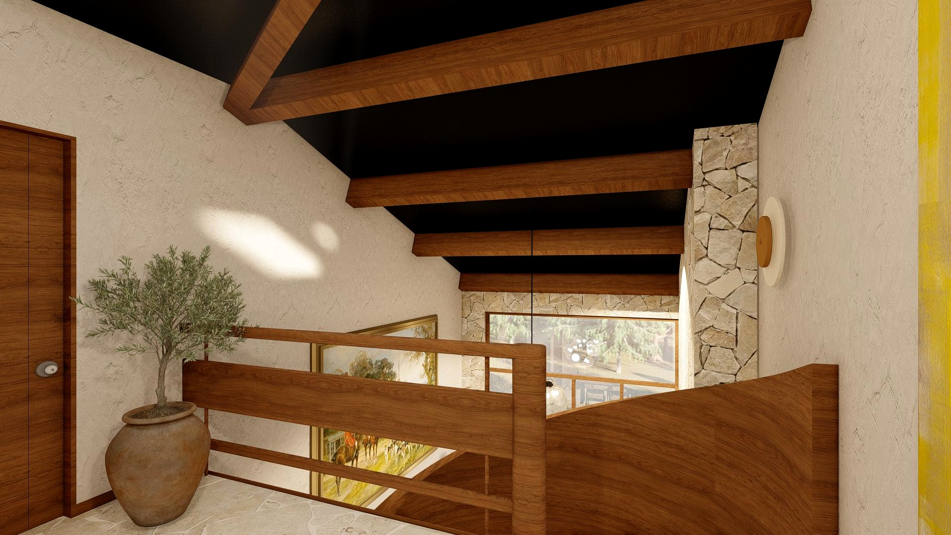 Upper landing with exposed walnut beams and a glass balustrade over the stair