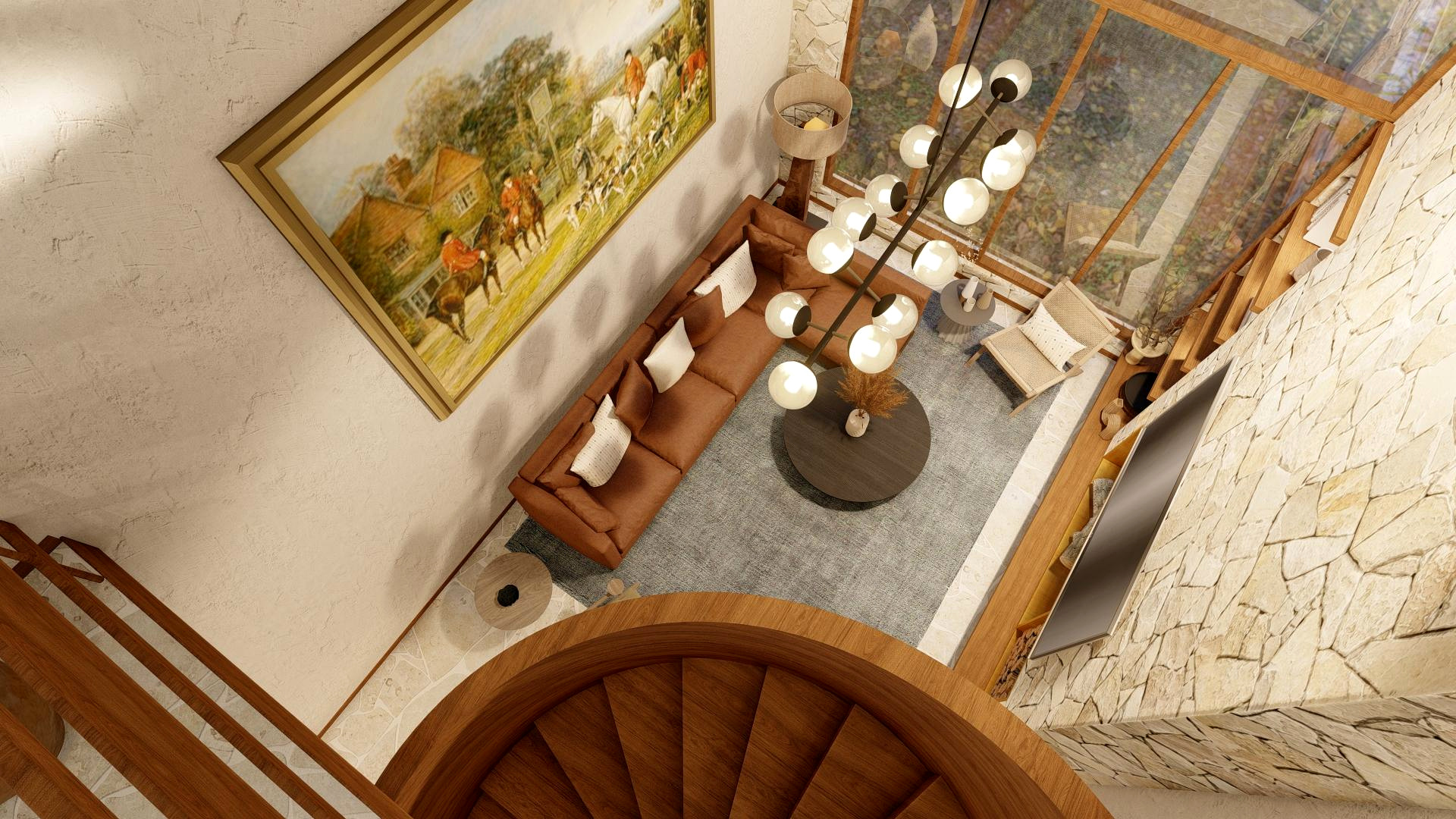 The living and dining volume seen from the upper landing, looking down the spiral stair