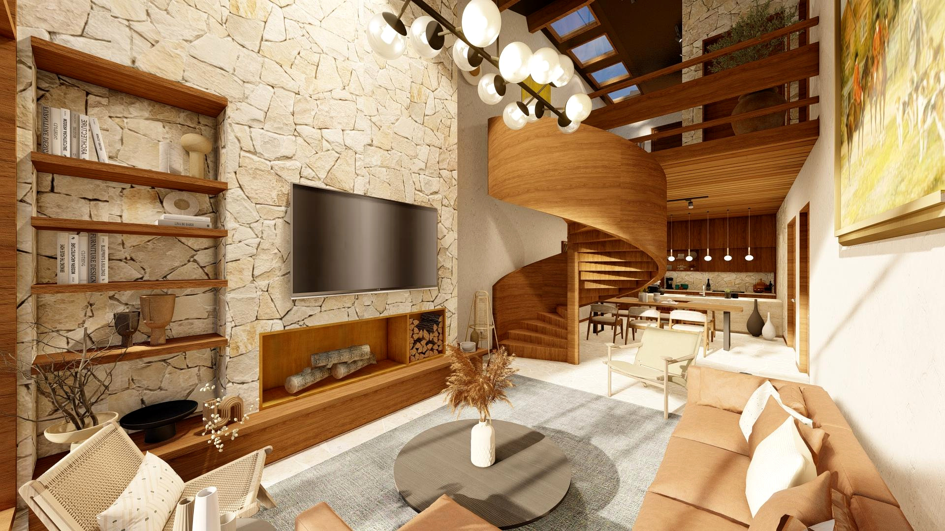 Double-height living salon with a spiral timber stair, stone feature wall and clerestory skylights
