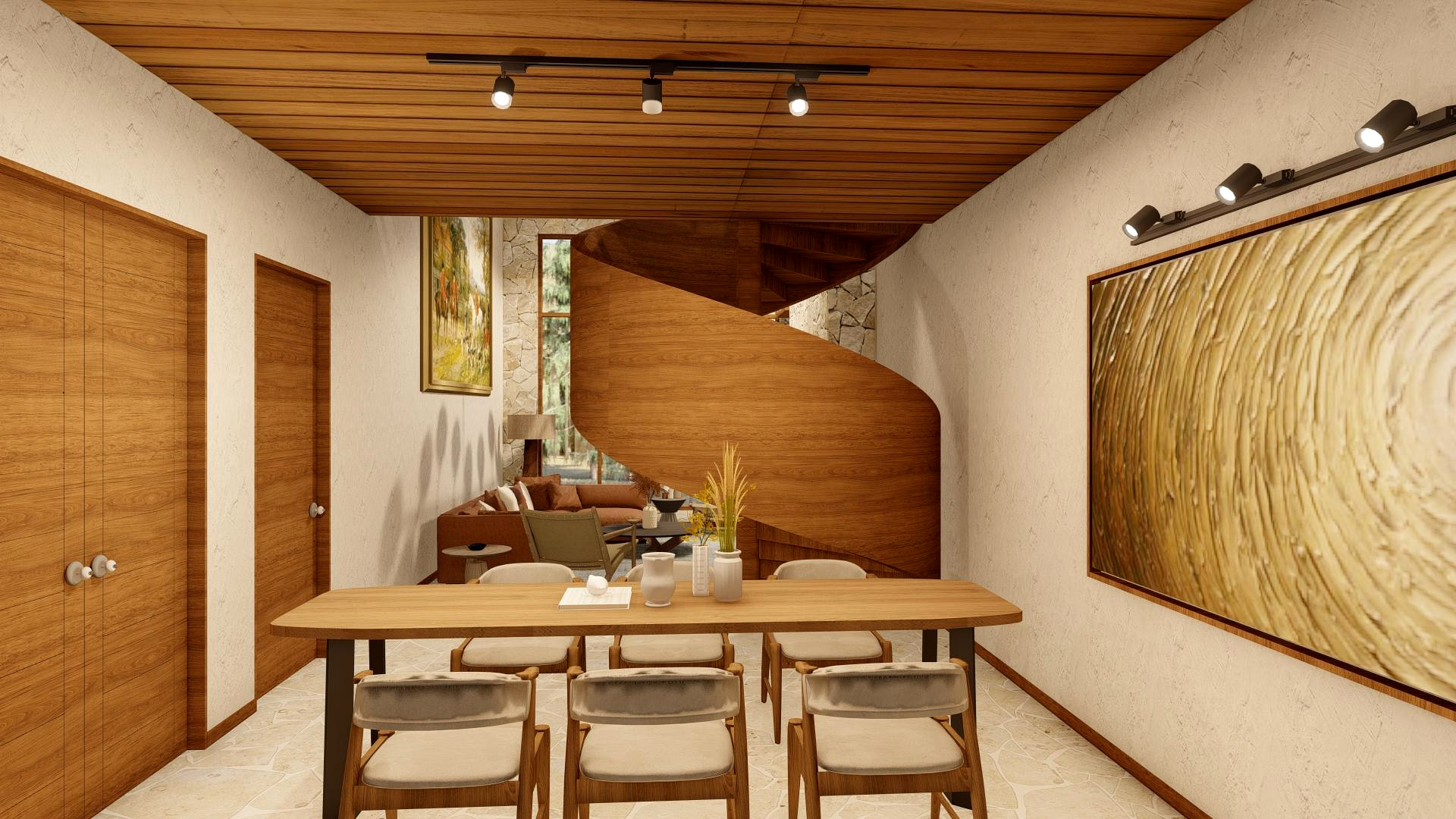 Dining salon set within the double-height living volume