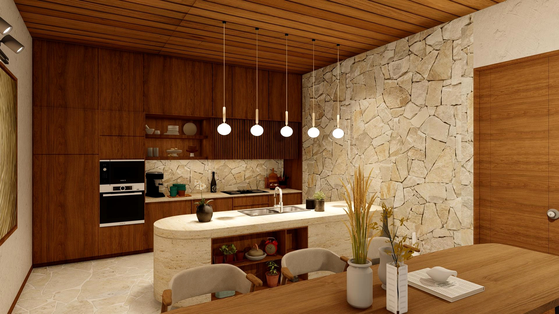 Open kitchen with walnut joinery, a travertine island and a dry-stone feature wall