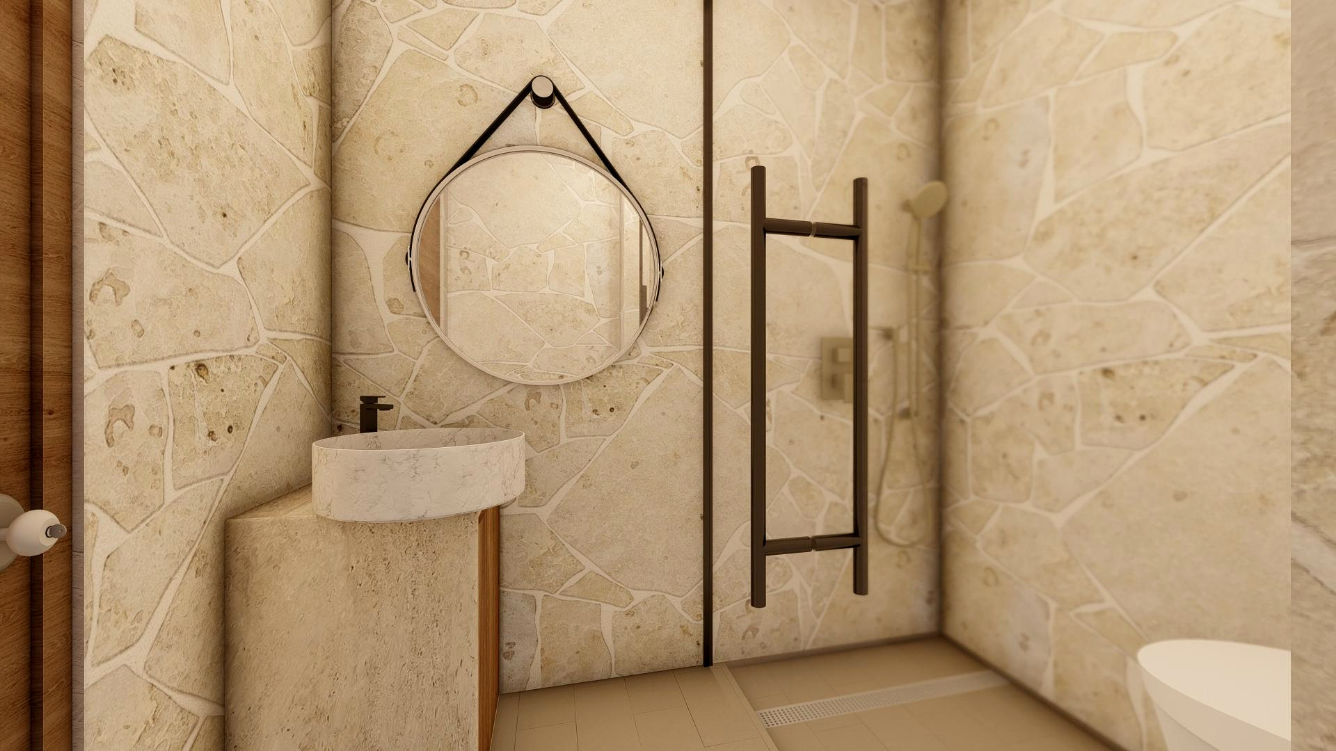 Travertine spa bath with a walk-in shower and a stone pedestal basin