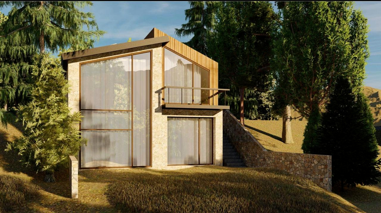 The arrival elevation at RAHA: cobbled drive, covered carport under a cantilevered roof, cedar cladding and dry-stone walls