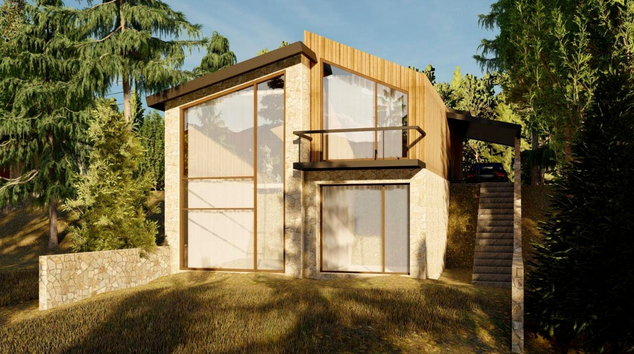 RAHA villa front elevation seen from the valley side, showing the double-height glazed gable, dry-stone base and cedar-clad upper volume