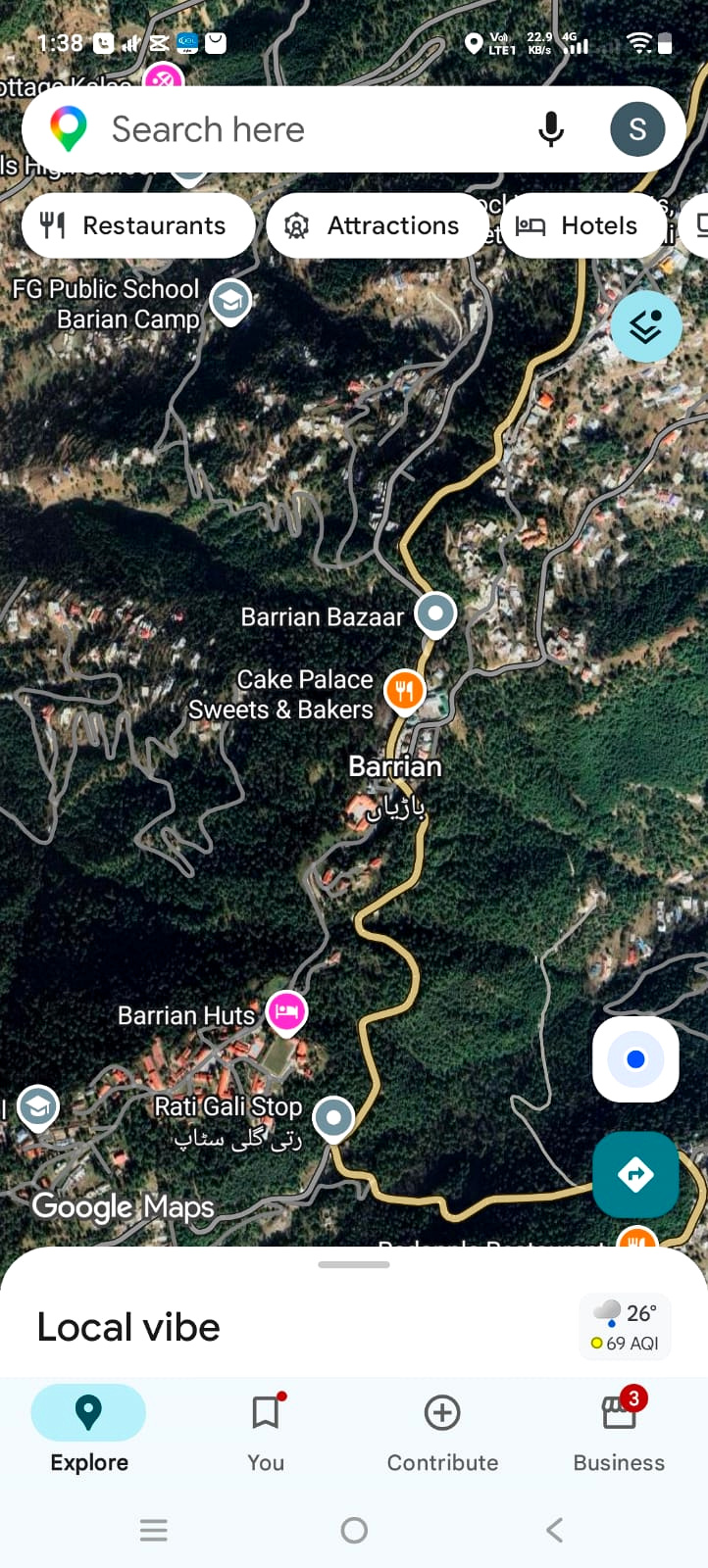 Map of Barrian in the Galyat: the Galyat mountain road running past Barrian Bazaar, Barrian Huts and Rati Gali Stop
