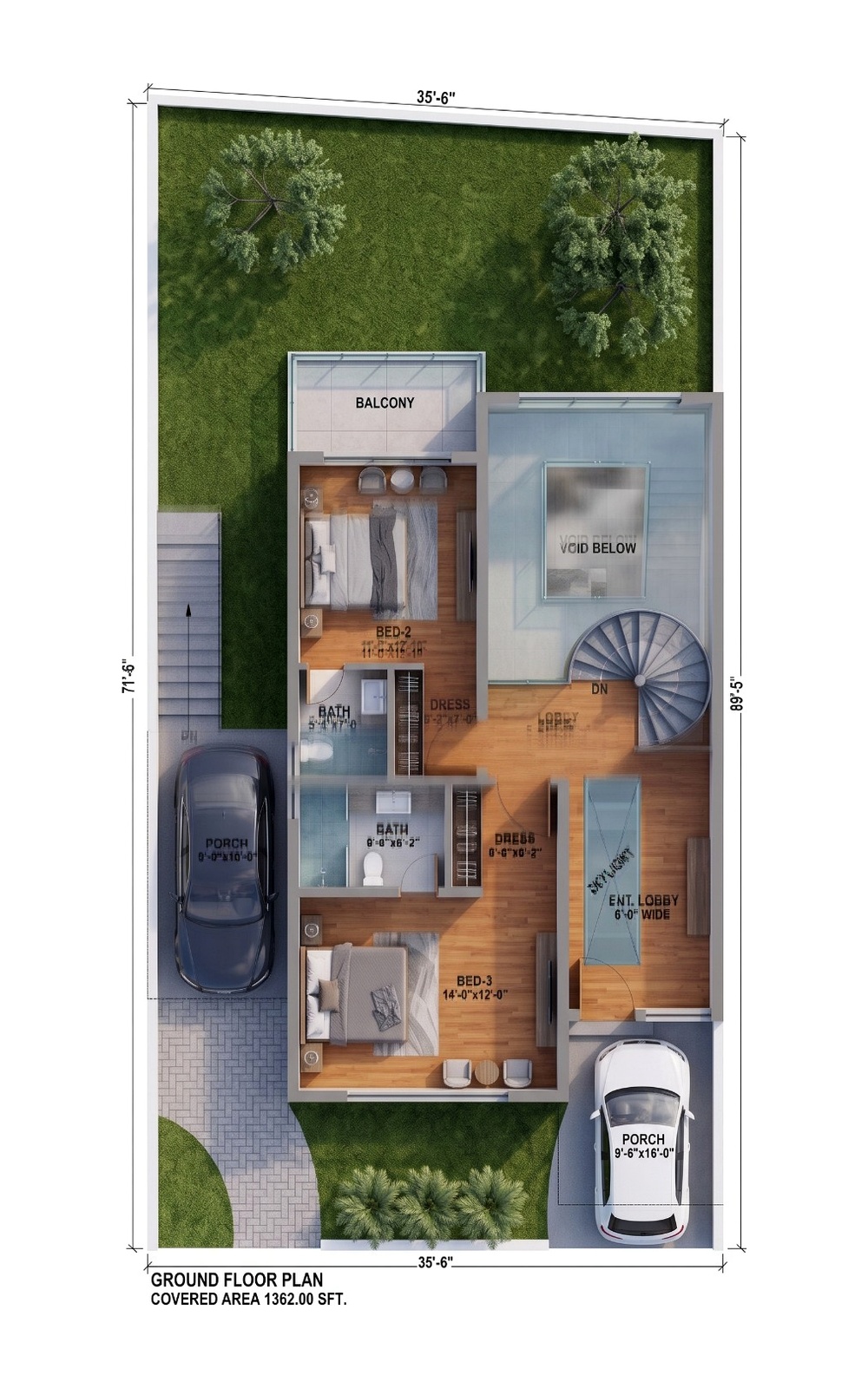 Ground floor plan, 1,362 square feet: entrance lobby, bedroom 02 with balcony, bedroom 03, two baths, two dressing rooms and two covered porches