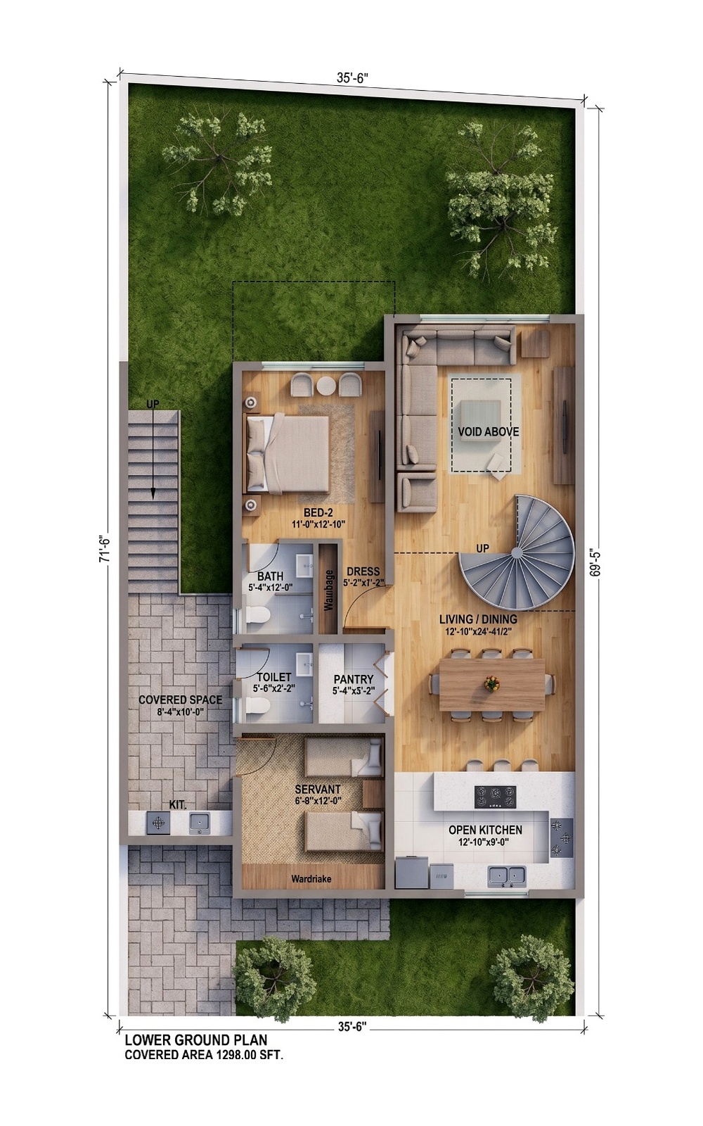 Lower ground plan, 1,298 square feet: double-height living and dining salon, open kitchen, pantry, bedroom 02, servant room and covered space
